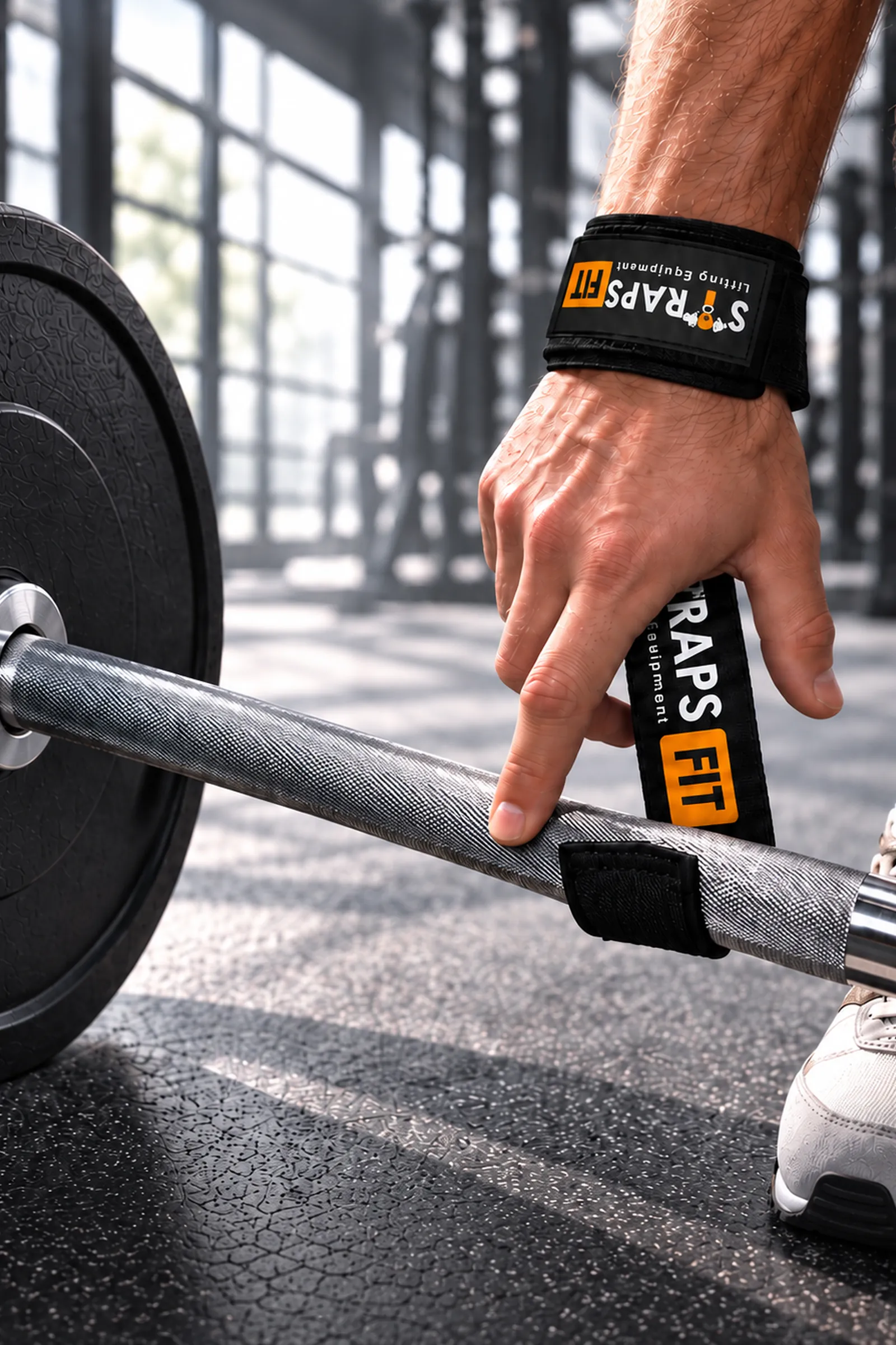 Strapsfit black AutoGrip strap locked on the bar — close-up